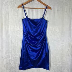 Windsor Y2K Style Dress Large Royal Blue Satin Spaghetti Strap Mini Bodycon